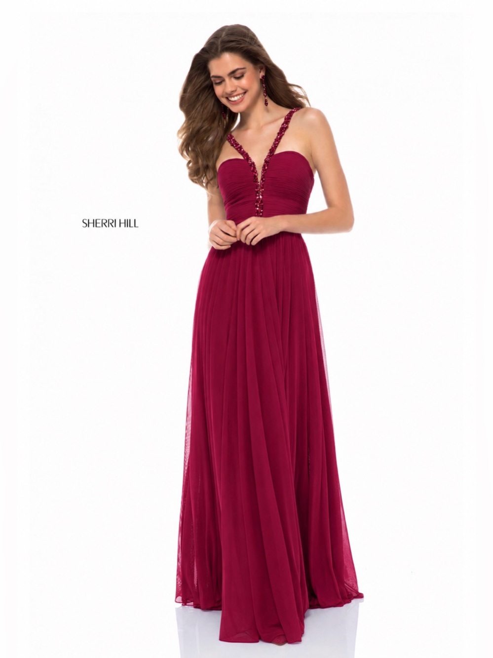 Sherri Hill Wine Chiffon Beaded V Neck Formal Gown NWT Size 0
